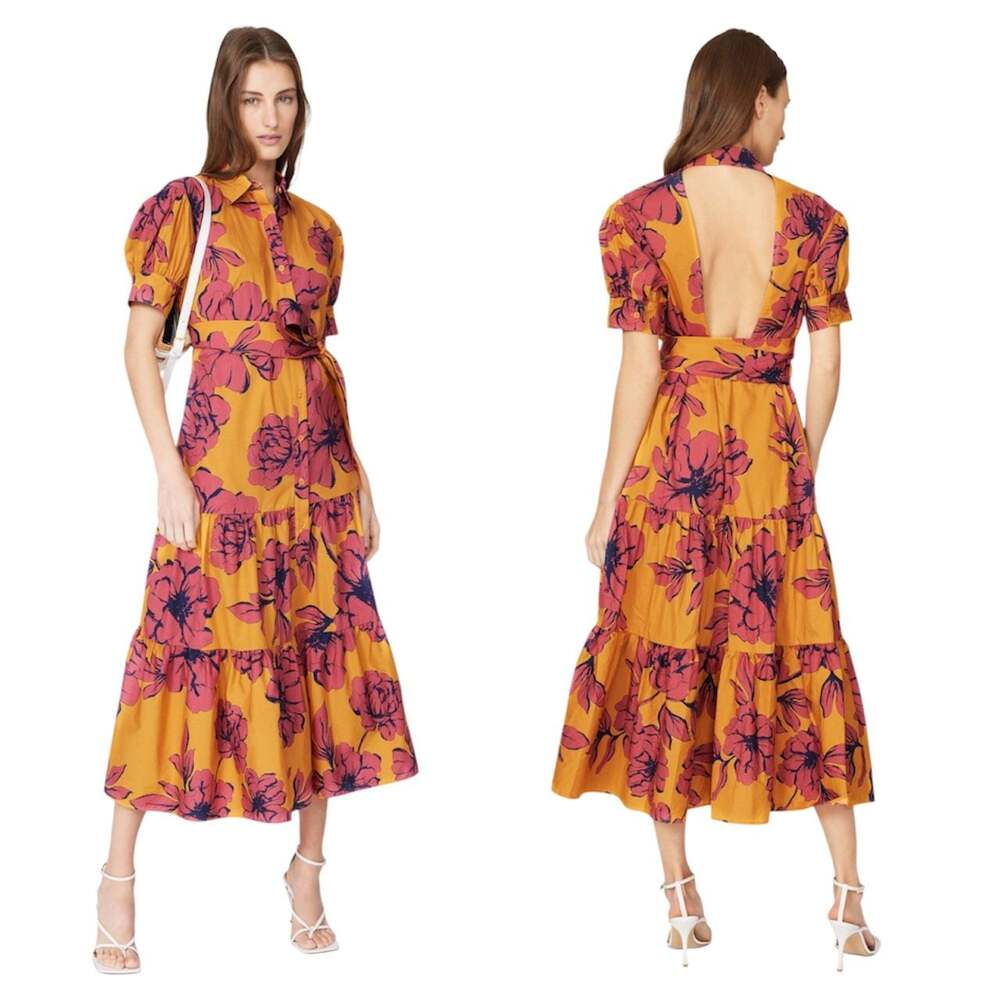 Marissa Webb Collective Floral Cutout Tiered Maxi Shirt Dress